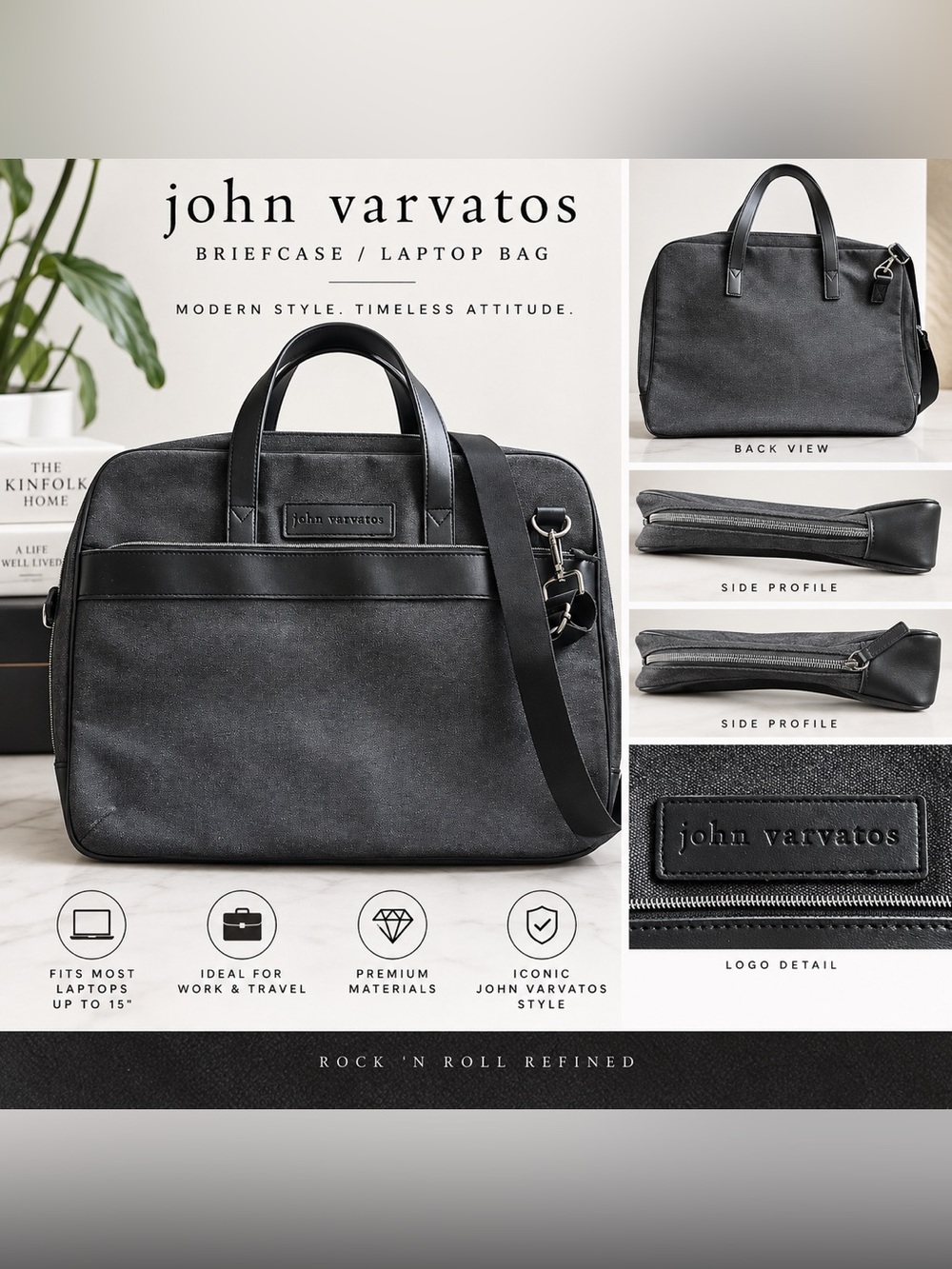 John Varvatos Men’s Gray Canvas Black Trim Laptop Briefcase Messenger Bag